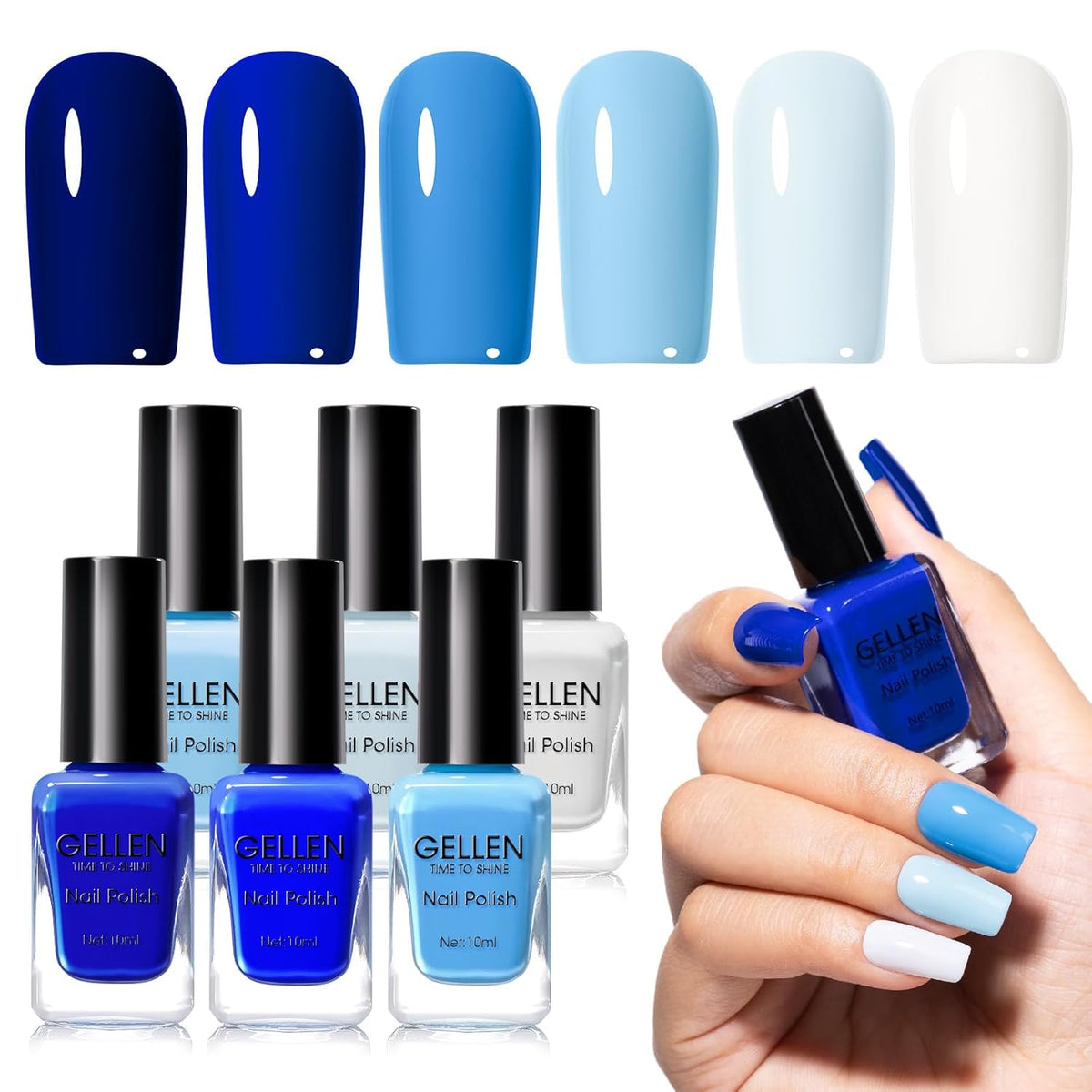 GELLEN Blue Nail Polish, Bright Navy Royal Baby Ocean Cobalt Blue White 6 Colors Set, insta Air Dry
