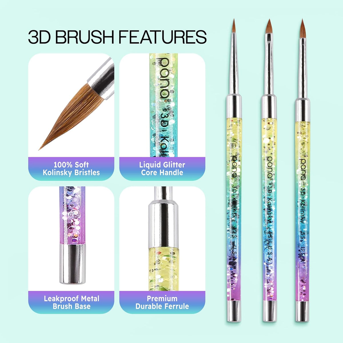 PANA 3D Kolinsky Nail Art Brush - Rainbow Glitter Handle, Size 2 - Acrylic Nail Art Sculpture Brush