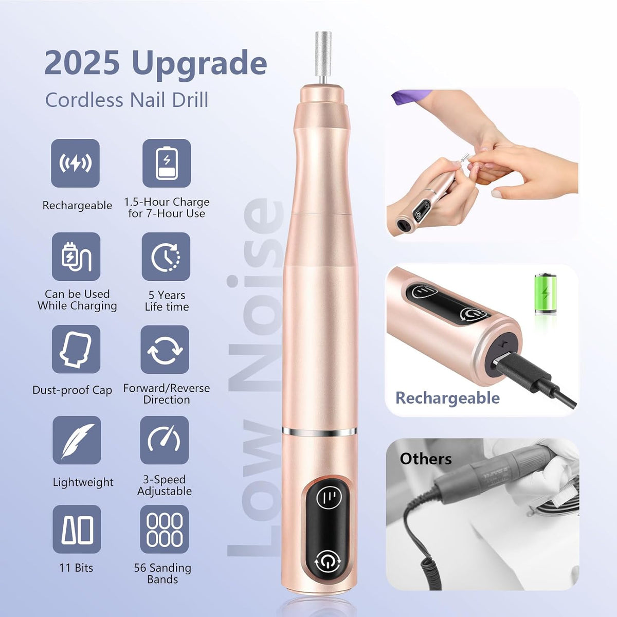 Cordless Nail Drill Electric Rechargeable File Kit, Professional Efile Acrylic Gel Nail Polish