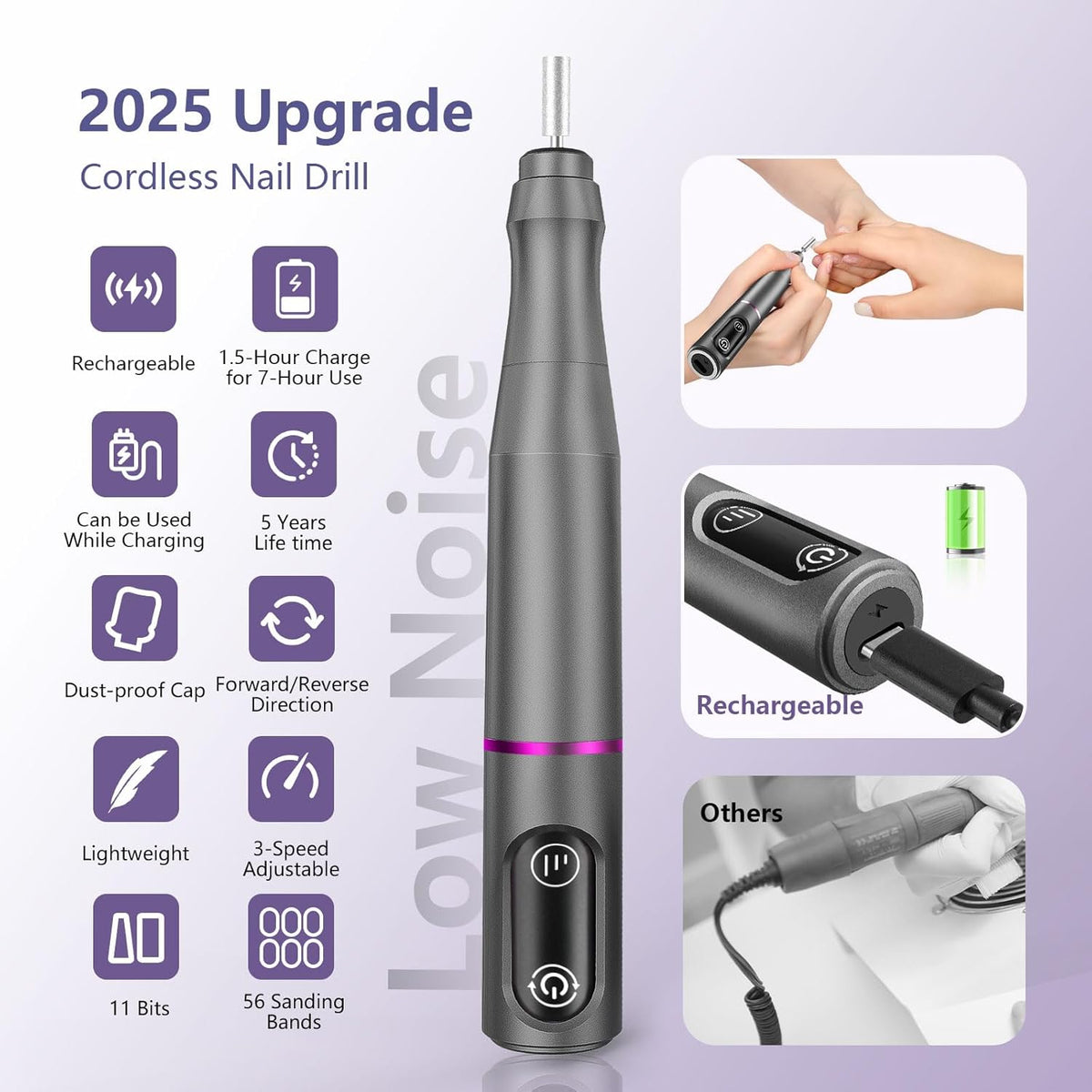 Cordless Nail Drill Electric Rechargeable File Kit, Professional Efile Acrylic Gel Nail Polish