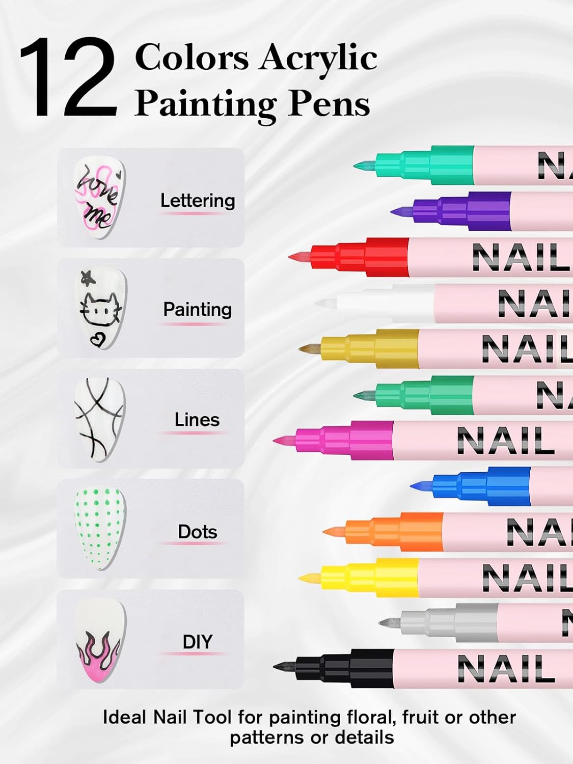 EBANKU 12 Colors Nail Art Pens Set, 3D 0.7MM Nail Polish Pens Quick-Drying Nail Art Acrylic Paint