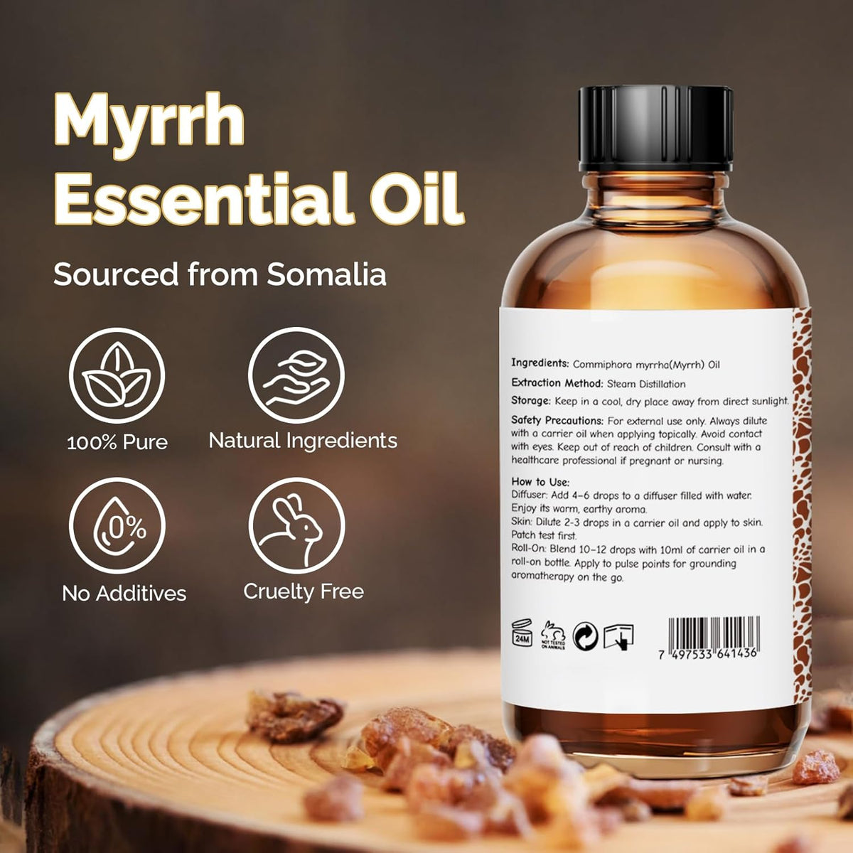 Myrrh Essential Oil 4 Oz, 100% Pure Natural Myrrh Oil for Diffuser, Skin, Hair, Body & Face