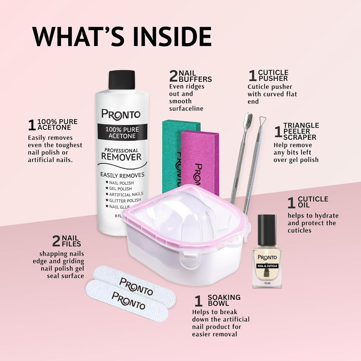 Pronto Gel Nail Polish Remover Kit – 8 Oz Pure Acetone 100 Percent, Nail File, Nail Polish Soak Off