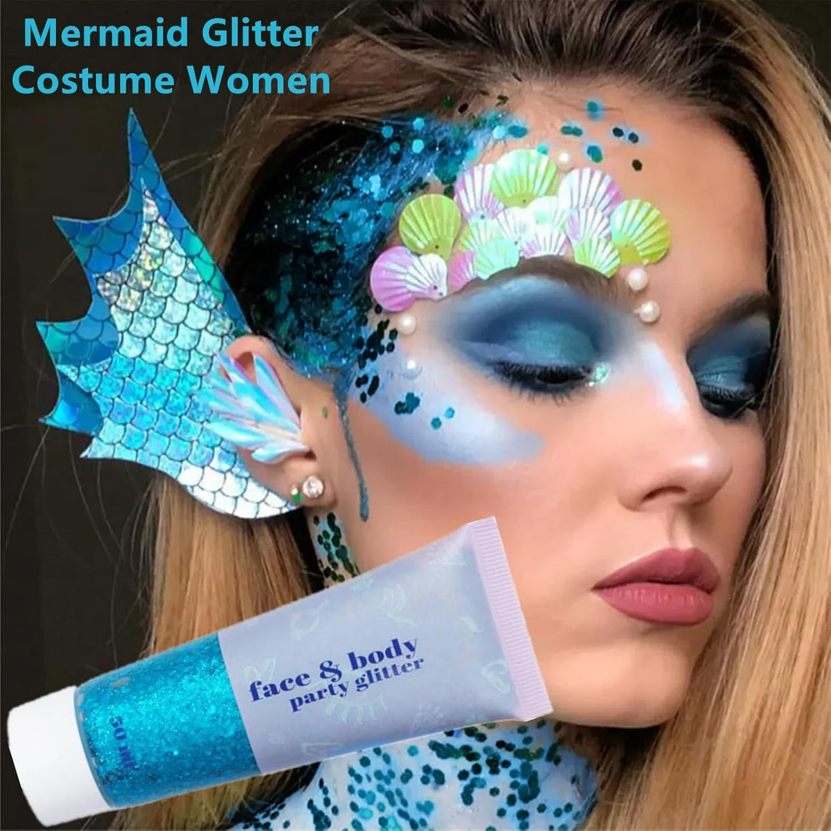 Go Ho Light Blue Face Body Glitter Gel,Blue Mermaid Face Paint Makeup,Holographic Chunky Sequins