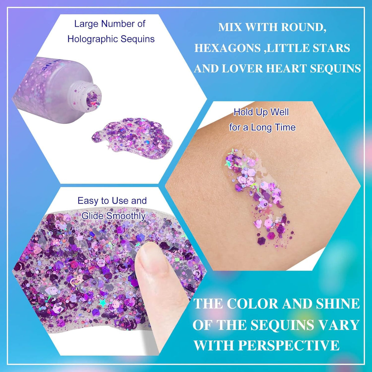 MEICOLY Purple Face Body Glitter,Mermaid Sequins Hair Glitter Makeup,Sparkly Face Glitter for Women