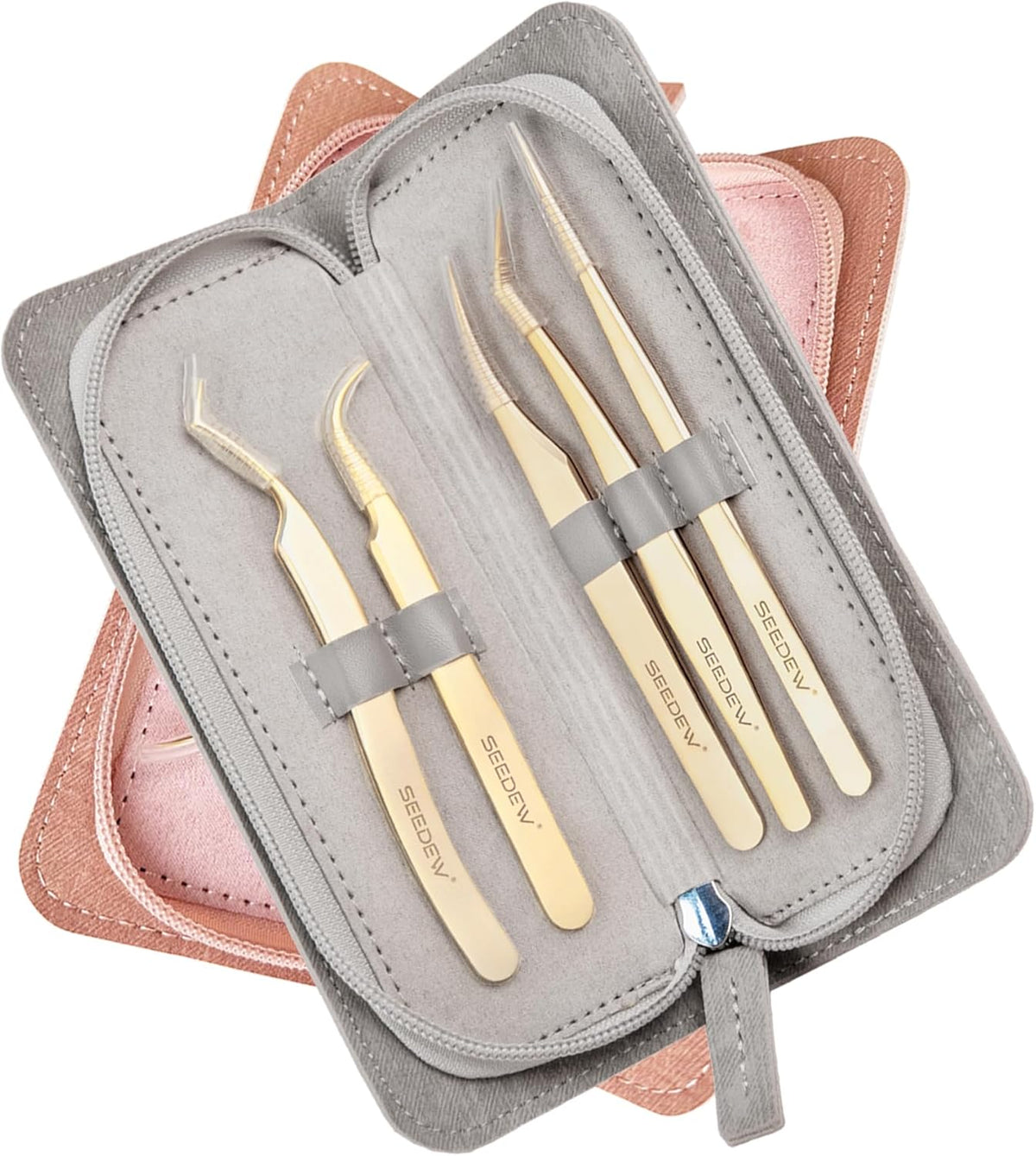 Lash Tweezers Set, 5 Stainless Steel Golden Tweezers + 1 Storage Bag, Isolation Pointy Tweezers for