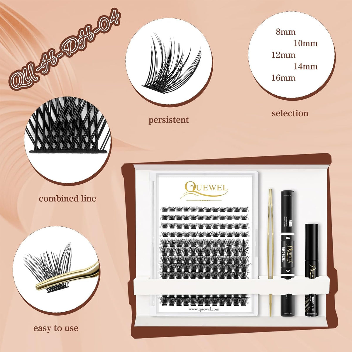 QUEWEL DIY Eyelash Extensions Kit, 144 Pcs Lash Clusters Eyelash Applicator Tool, Super Hold Bond