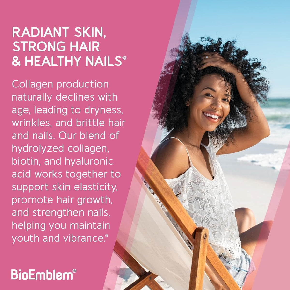 BioEmblem Beauty Collagen - 11G Hydrolyzed Multi-Collagen Peptides, Hyaluronic Acid, Vitamin C &