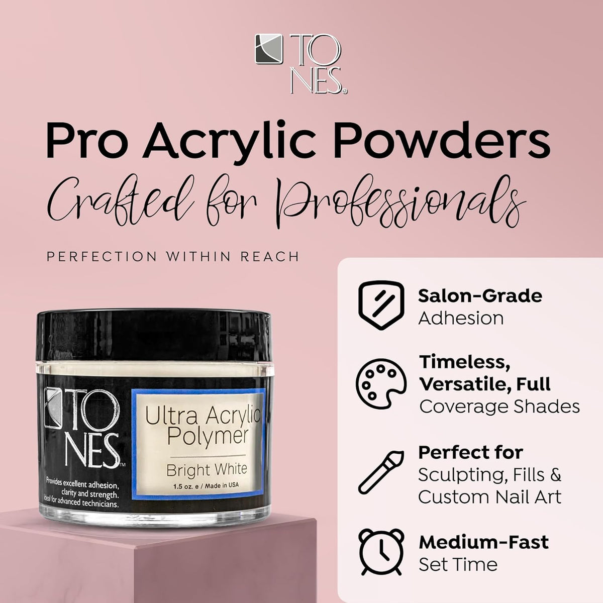 Tones Pro Acrylic Nail Powder, Sparkling Bright White (Opaque Off-White), (1.5 Fl Oz)