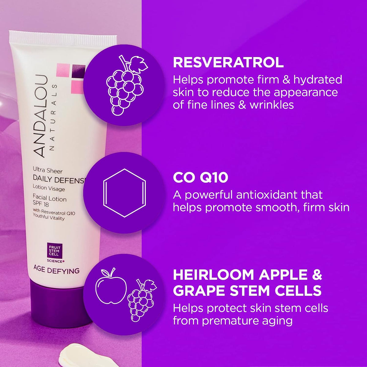 Andalou Naturals Ultra Sheer Daily Defense Facial Lotion, SPF 18, 2.7 oz, with Resveratrol CoQ10
