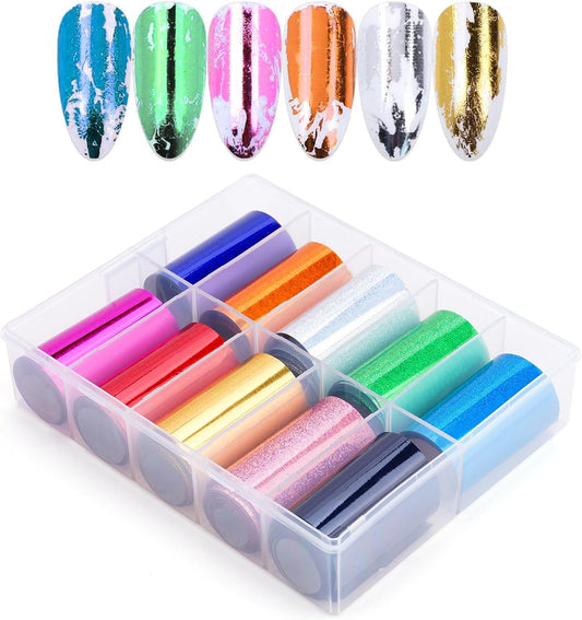 10 Sheets Holographic Nail Art Foil Transfer Stickers - Metallic Color Print Nail Decals 3D