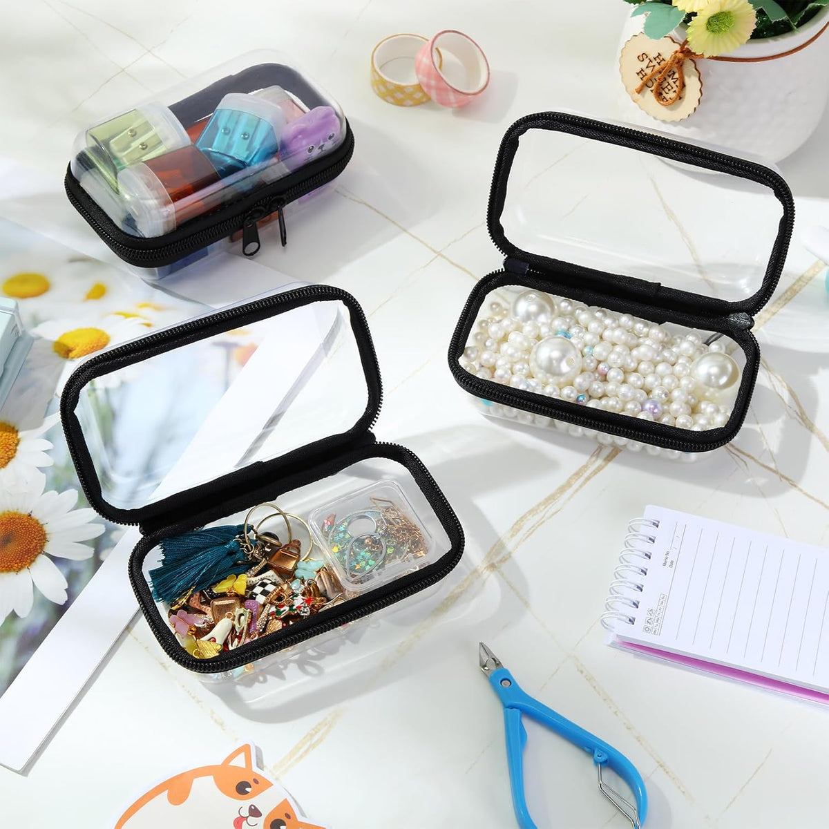 Hoolerry 3 Pcs Clear Hard Zipper Case Plastic Pouch Transparent Hard Case Clear Makeup Bag Portable