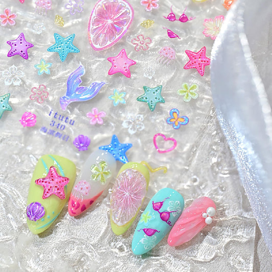 1 Sheets Summer Fruit Nail Stickers for Nails Art 5D Embossed Shell Starfish Nail Art Stickers