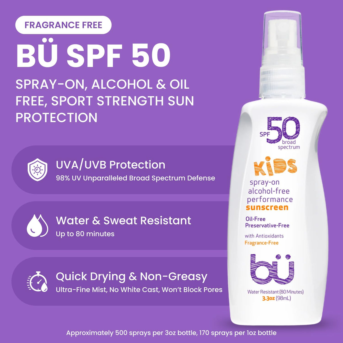 BU SPF 50 Fragrance Free Kids Sunscreen Spray for Face and Body, TSA Travel Size Sunscreen, Clear