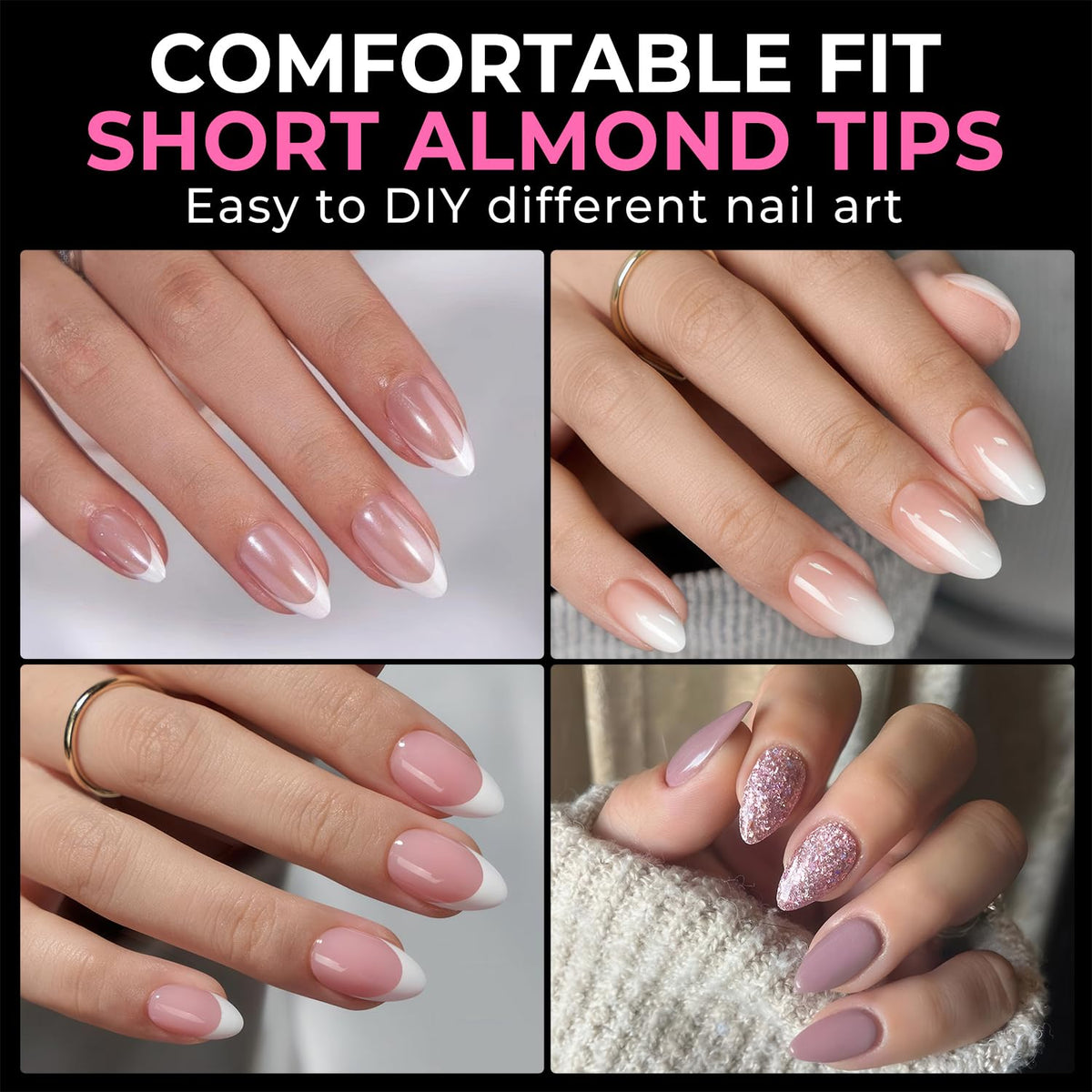UNA GELLA Short Almond Fake Nails 216pcs Pre-shape Gel Acrylic Nail Tips for Full Cover Nail