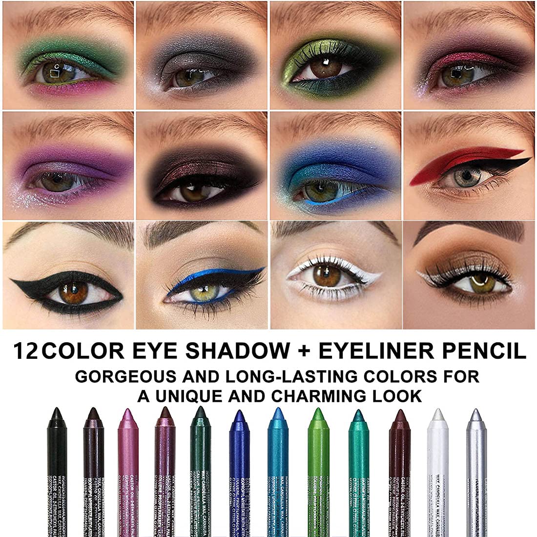 Kaely 12Pcs Glitter Gel Eyeliner Pencil Set for Women, Color Eye Liner Waterproof Smudge Proof with