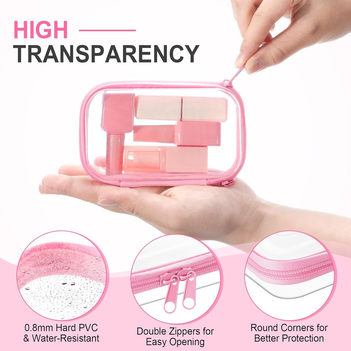 Hoolerry 3 Pcs Clear Hard Zipper Case Plastic Pouch Transparent Hard Case Clear Makeup Bag Portable