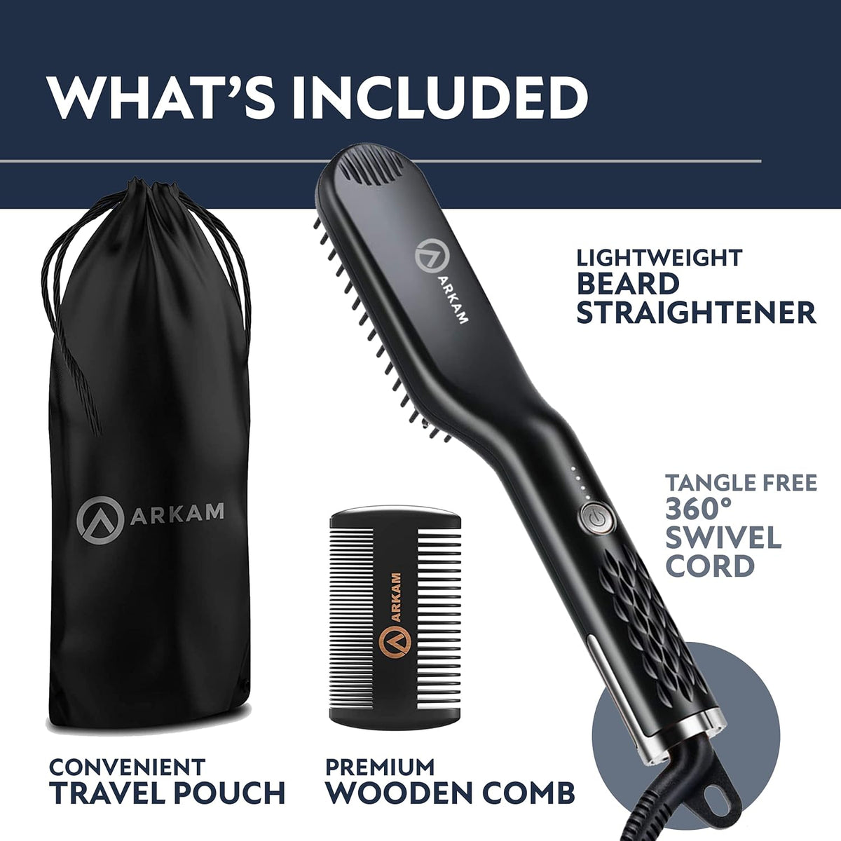 Arkam Beard Straightener for Men - Original Heated Beard Brush Kit w/Anti-Scald Feature, Dual