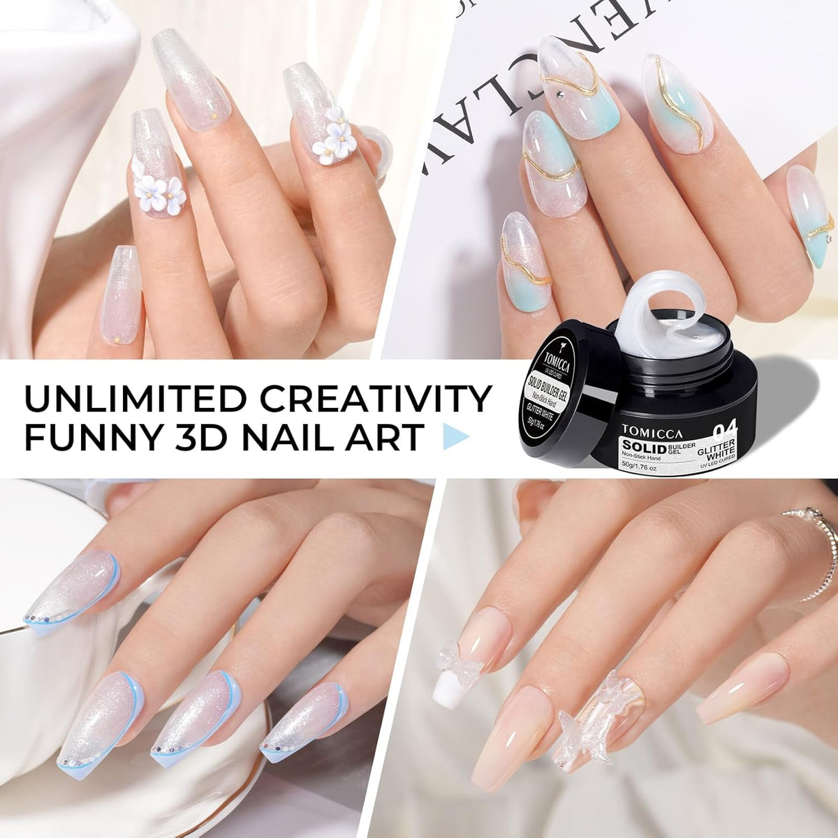 TOMICCA 3D Gel Nail Art, White Sparkles Sculpting Gel for Nail Art 1.76 OZ 3D Nail Hard Gel Nail