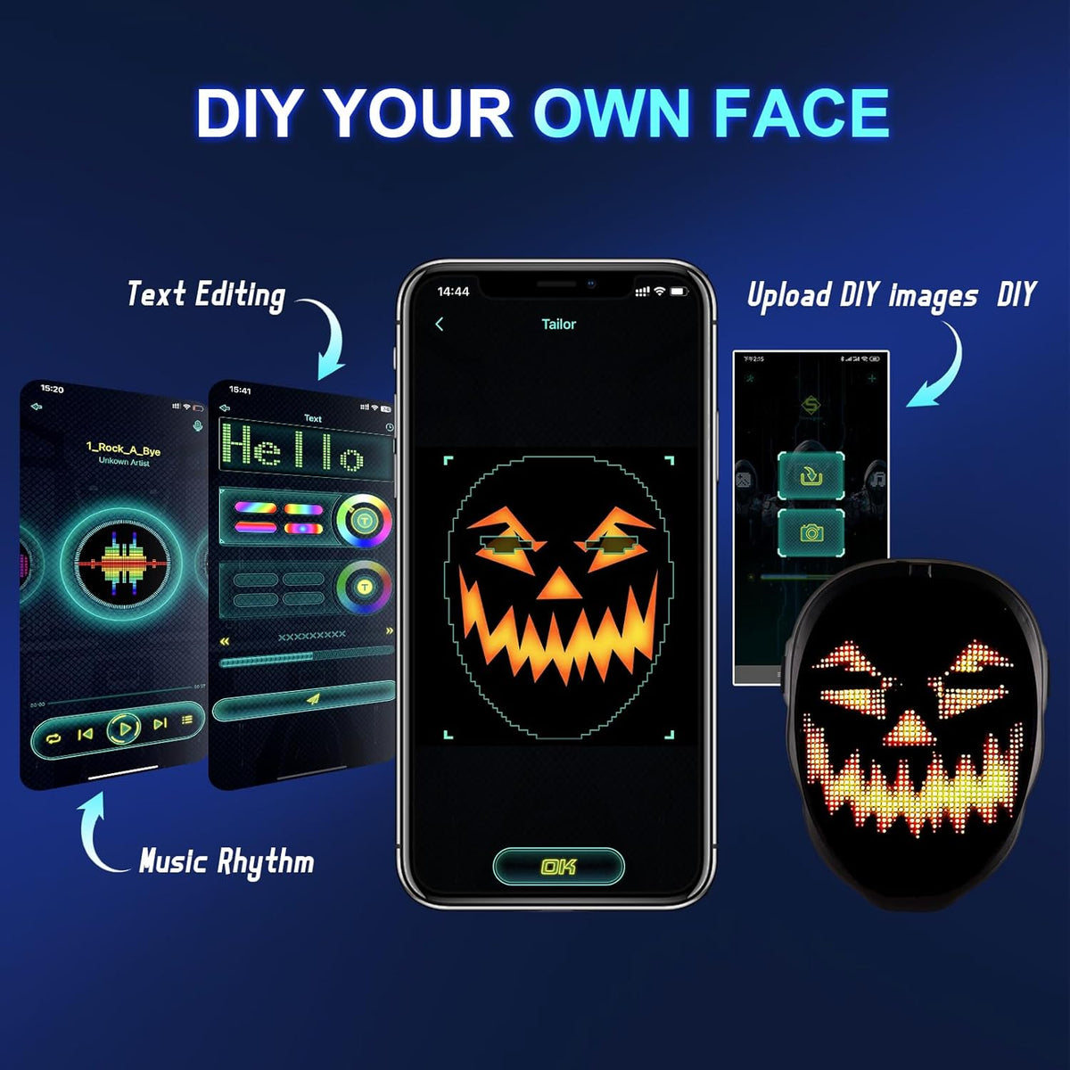 Face Transforming LED Mask with App Controlled - Programmable LED Halloween Mask Digital Luminous