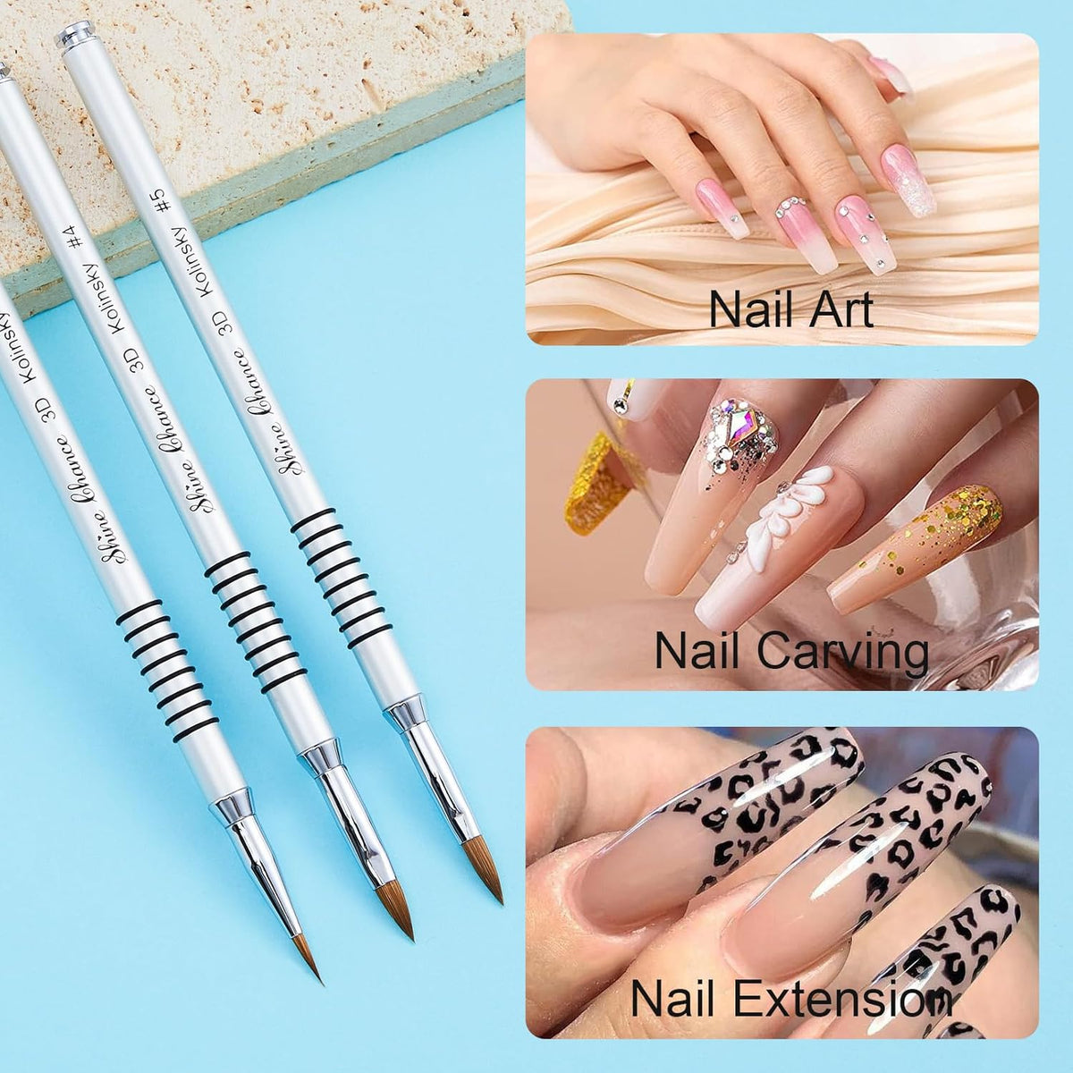 3Pcs 3D Nail Brushes Set Size 2 4 5, Kolinsky Hair Acrylic Flower Nail Art Brush, Art Design &
