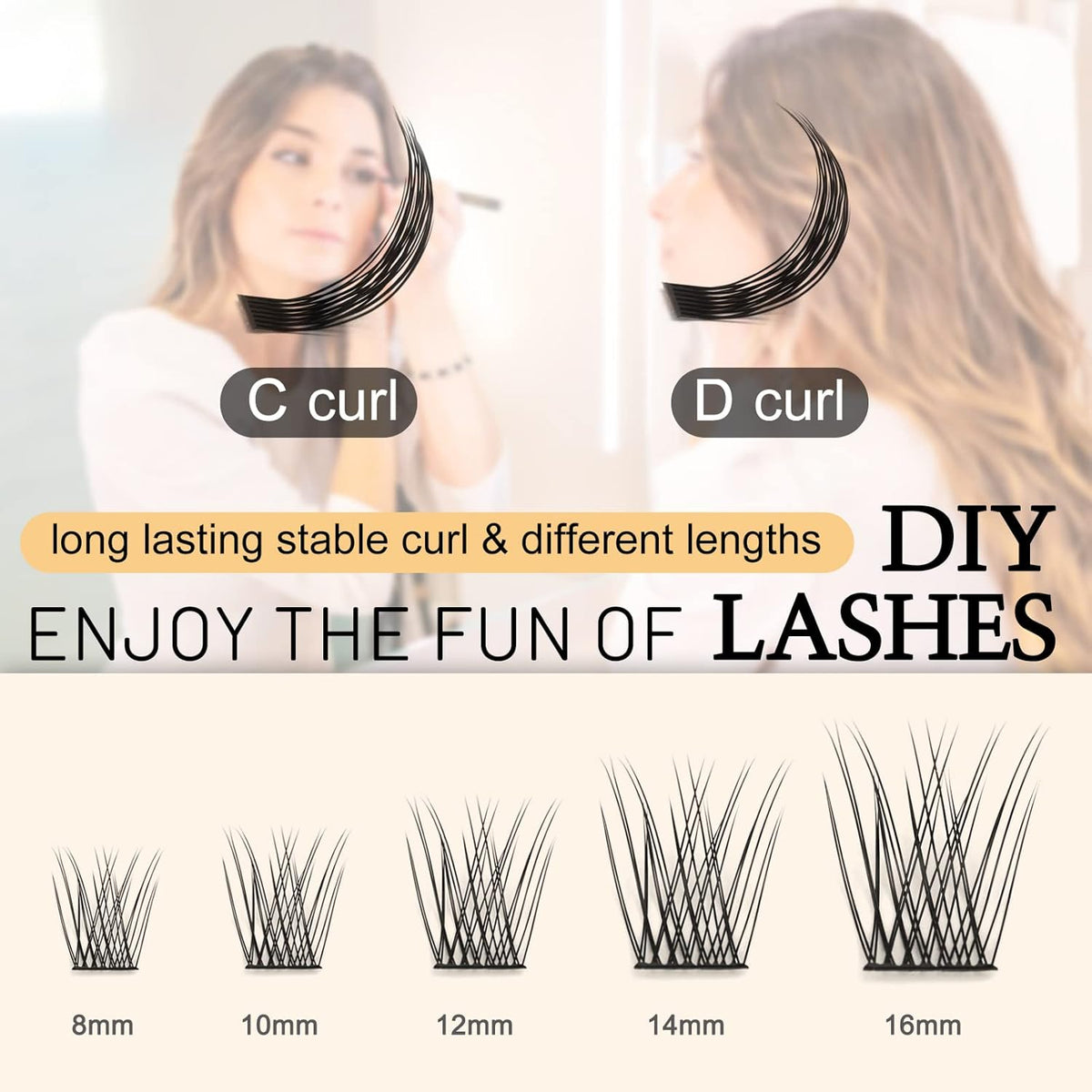QUEWEL Cluster Lashes 72 Pcs Wide Stem Individual Lashes C/D Curl 8-16mm Length DIY Eyelash