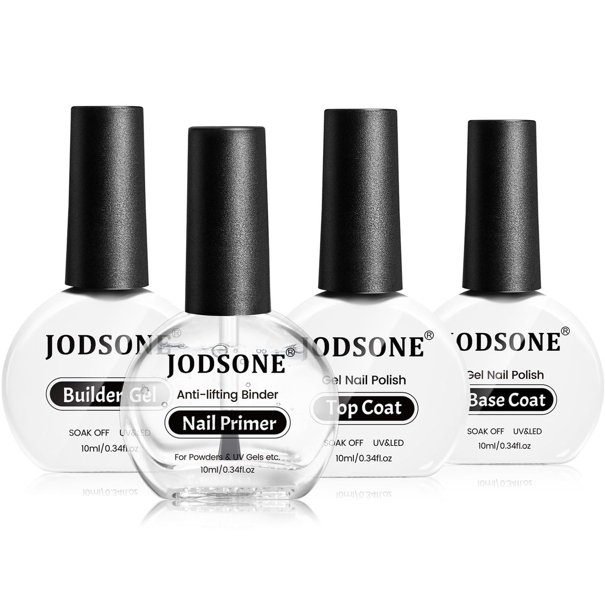 JODSONE 4 Bottle 10ML Nail Primer Base Coat Top Coat and Builder Gel Glossy Durable Long Lasting