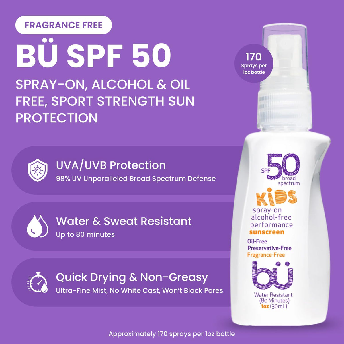BU SPF 50 Fragrance Free Kids Sunscreen Spray for Face and Body, TSA Travel Size Sunscreen, Clear