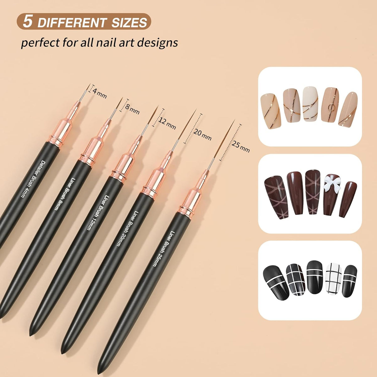 Metallic Nail Art Brushes, 5Pcs Nail Art Liner Brushes, Painting Art Design Brush Set Nail Dotting