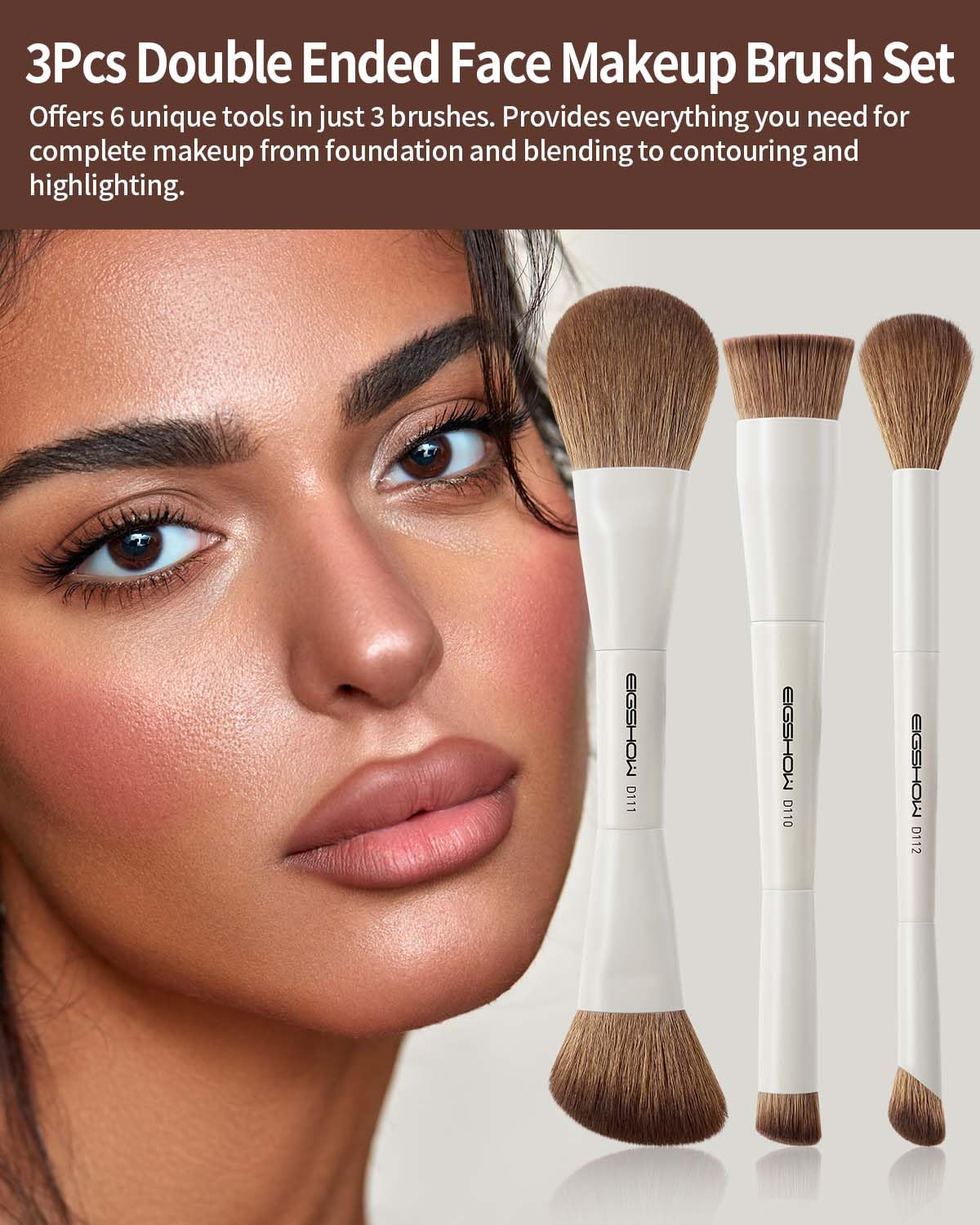 EIGSHOW Makeup Brush Set, 3Pcs Double Ended Face Makeup Brushes for Foundation Powder Contour