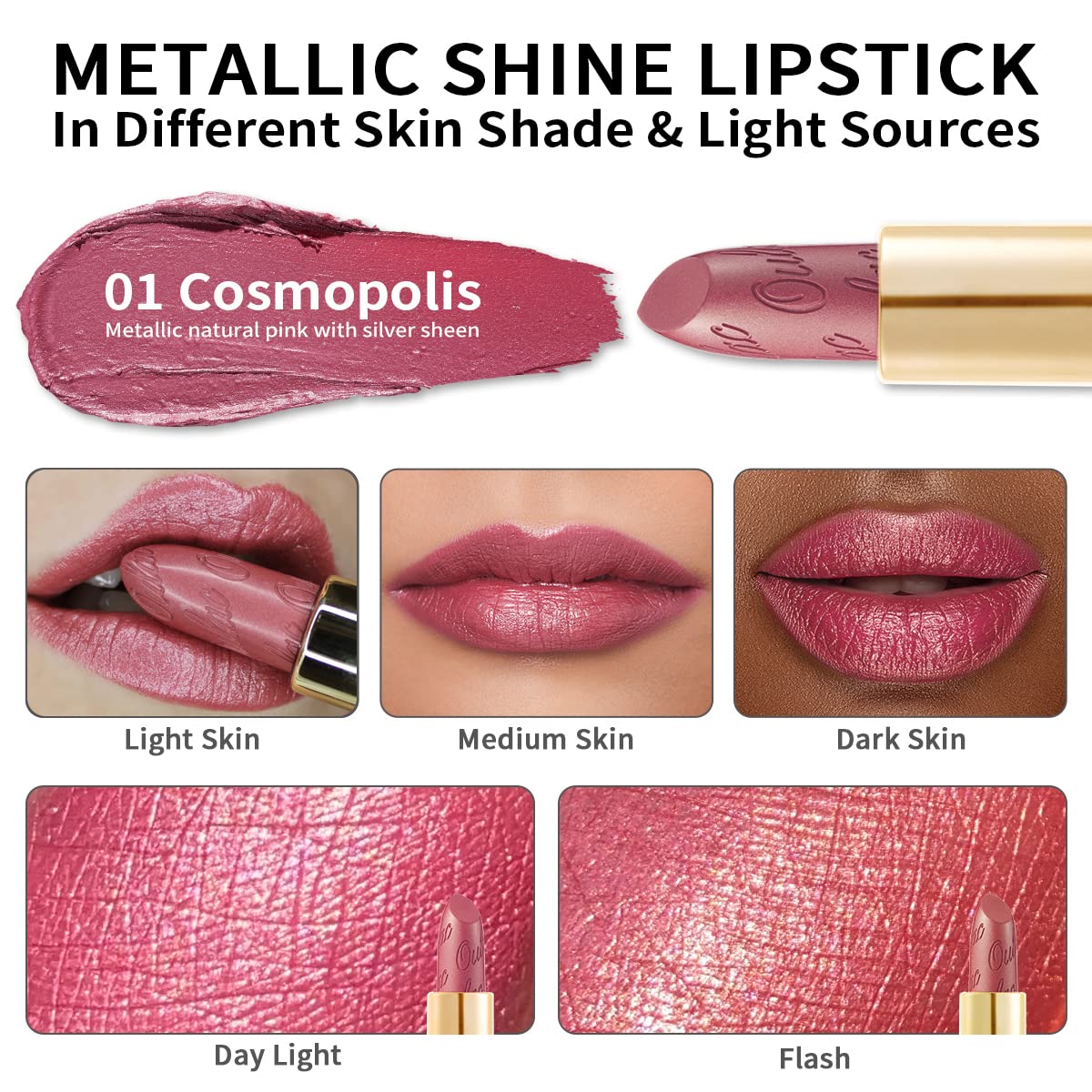 Oulac Pink Lipstick for Women with Metallic 3D Shine Lightweight Hydrating Formula, High Impact Lip