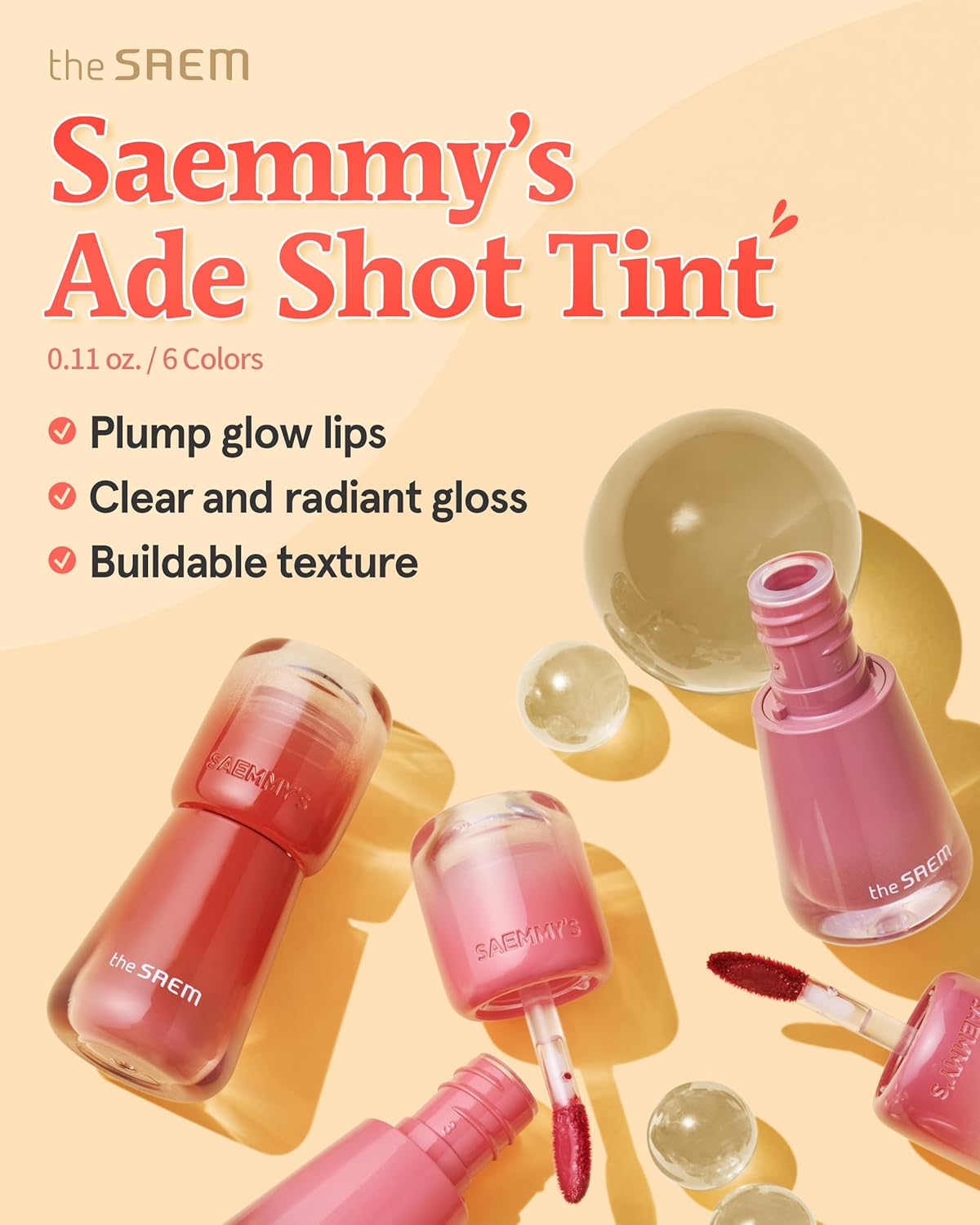 THESAEM Saemmy's Ade Shot Tint (03, 05) - Korean Lip Titnt, Water Gel Lip Stain with Plump Glowy