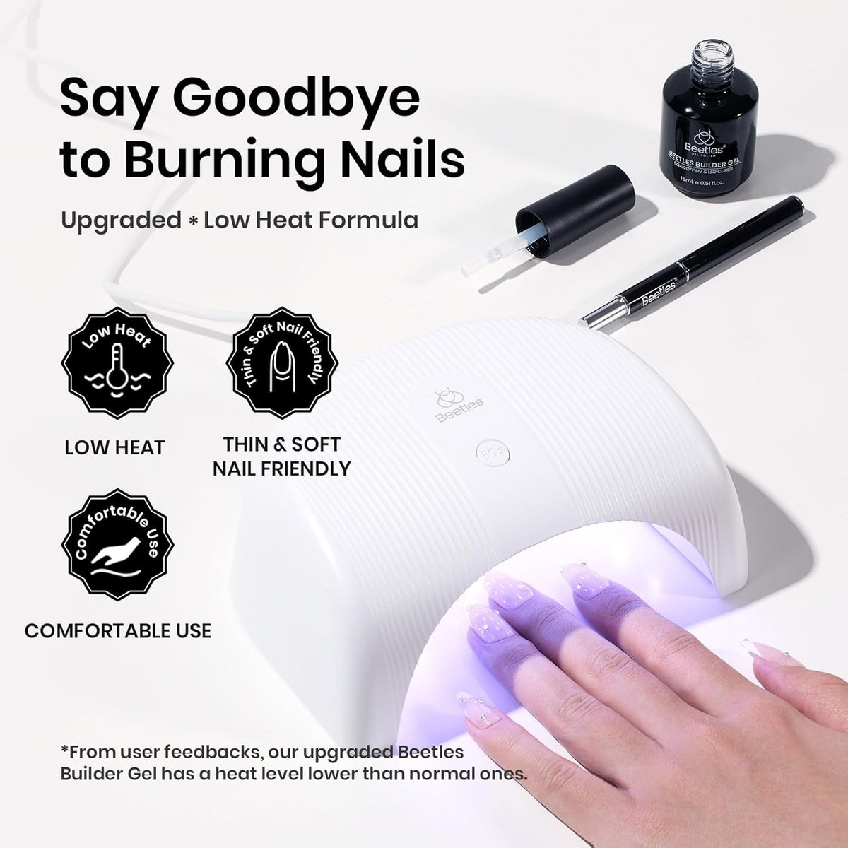 Beetles Builder Gel for Nails Low Heat, 0.5 oz 7 in 1 Clear Strengthener Gel with Liner Nail Brush