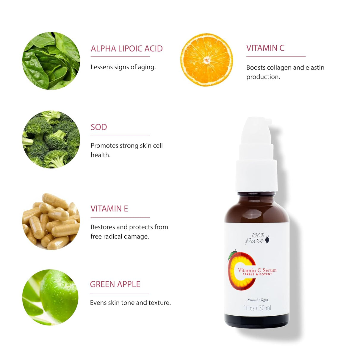 100% PURE Vitamin C Face Serum Hydrating Glow Skin Care with ALA Aloe + Vitamin E Oil - Daily