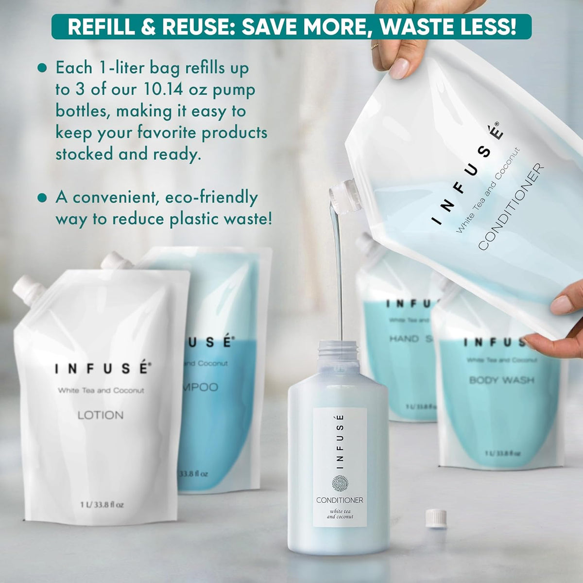 1 Liter Conditioner Refill Bag For Soap Dispensers | Bulk Toiletries for Vacation Rentals, and Home
