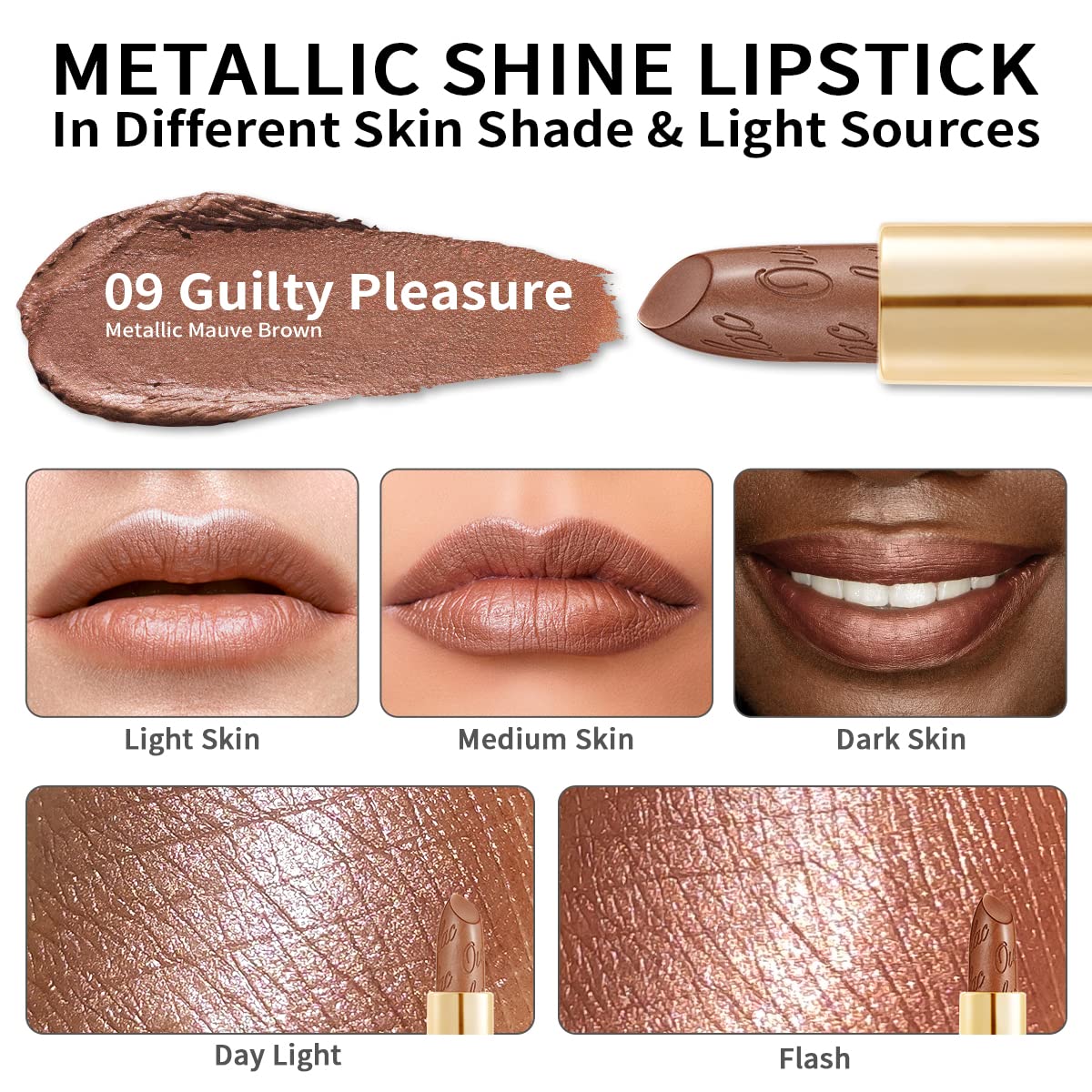 Oulac Brown Lipstick for Women with Metallic 3D Shine Lightweight Hydrating Formula, High Impact