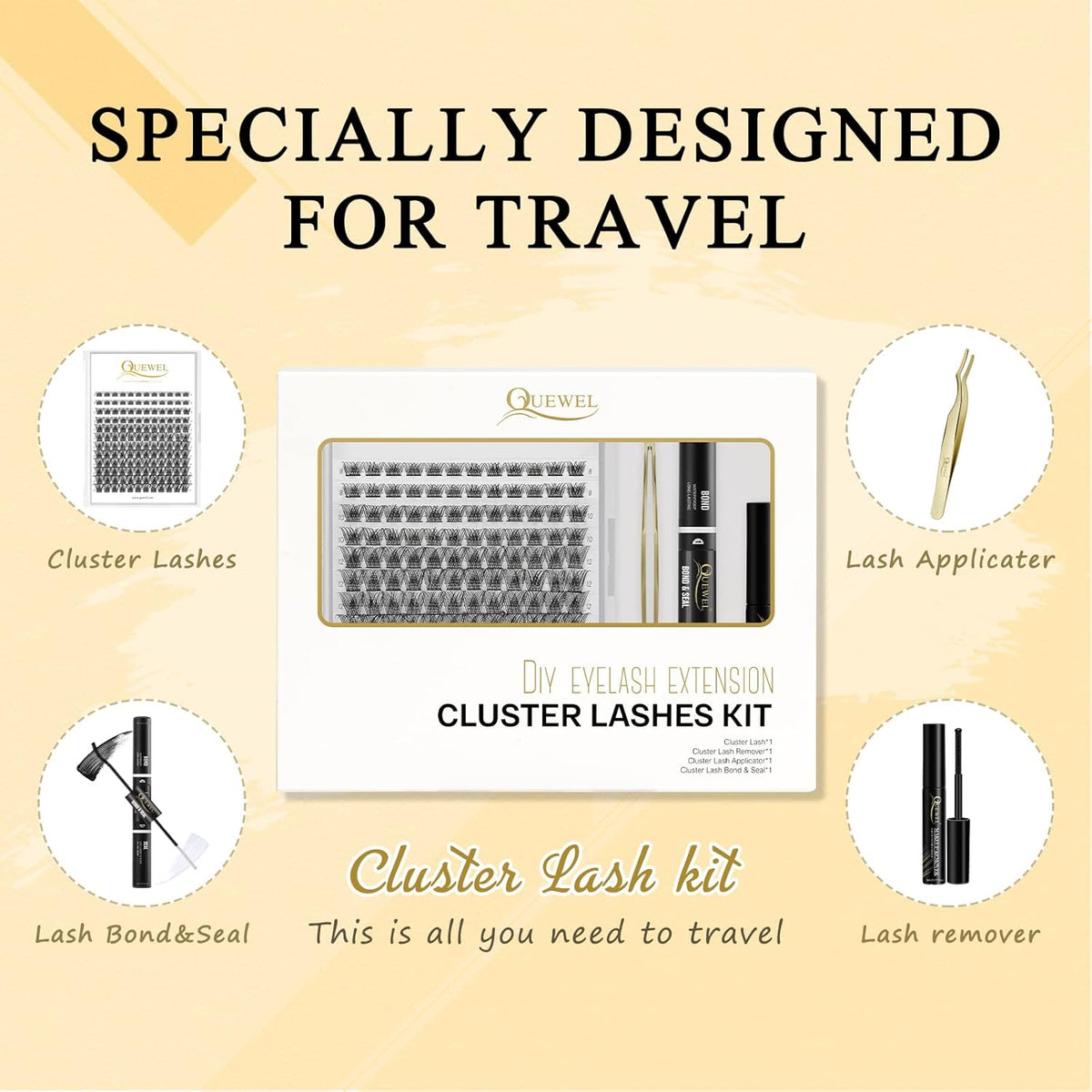 QUEWEL DIY Eyelash Extensions Kit, 144 Pcs Lash Clusters, Cluster Eyelashes Applicator Tool, Super