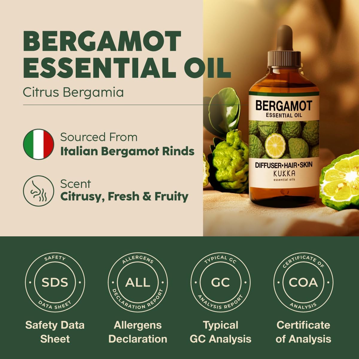 Kukka Bergamot Essential Oil for Diffuser and Skin - 4 Fl Oz - Bergamot Oil for Aromatherapy, Hair