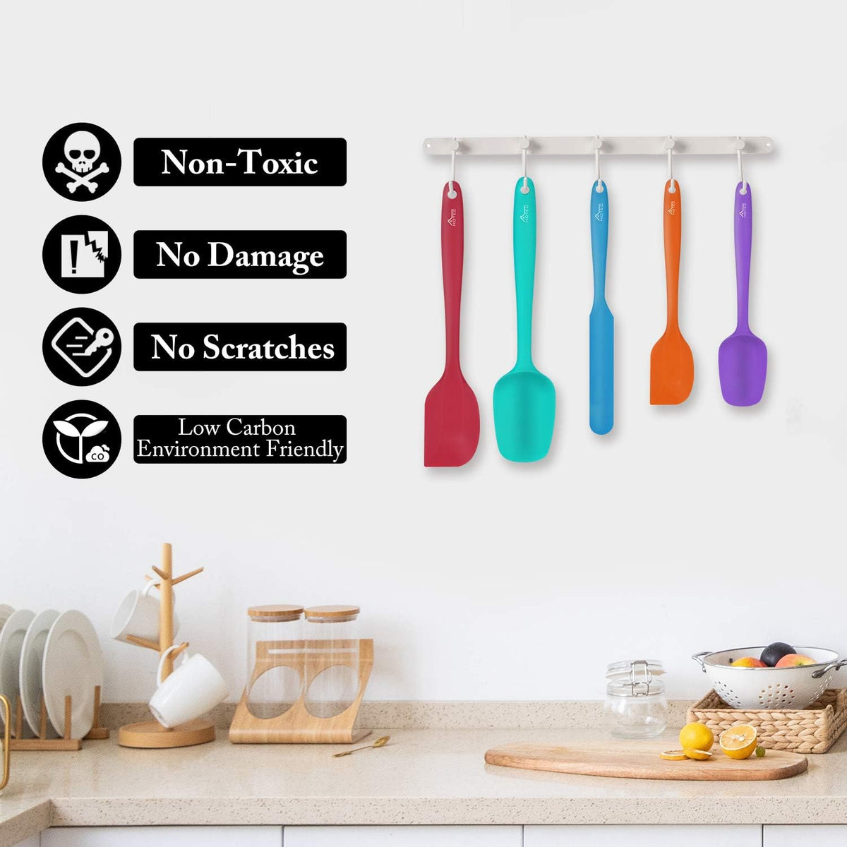 HOTEC Heat Resistant 600℉ Food Grade Silicone Rubber Spatula Set for Baking, Cooking, and Mixing