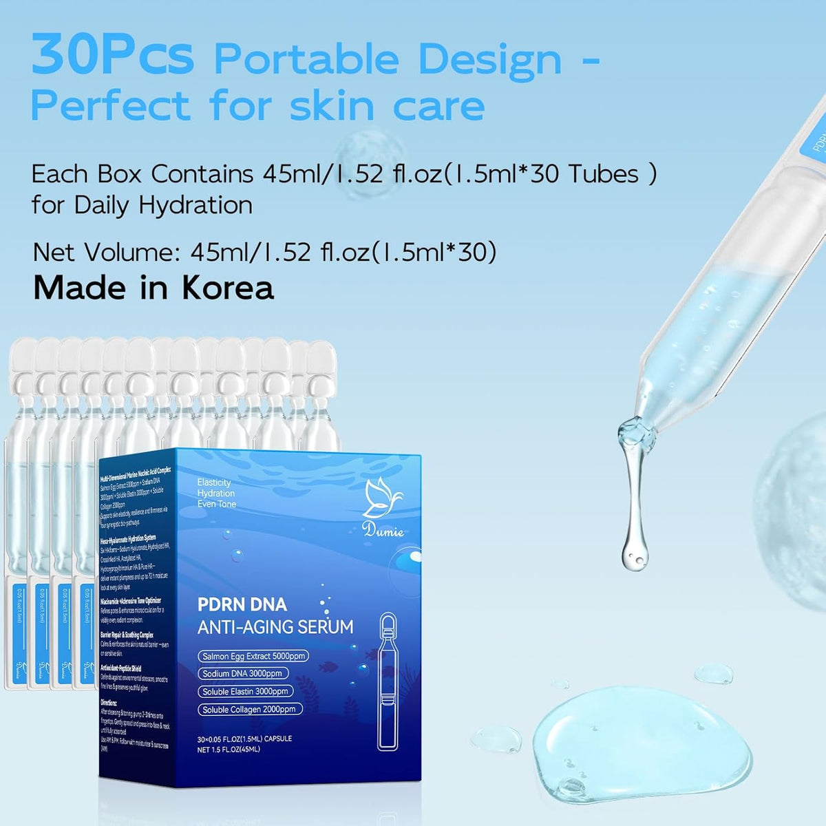 Salmon DNA PDRN Anti-Aging Serum, 5000ppm Salmon Egg DNA Ampoule, 2000ppm Collagen, Glutathione