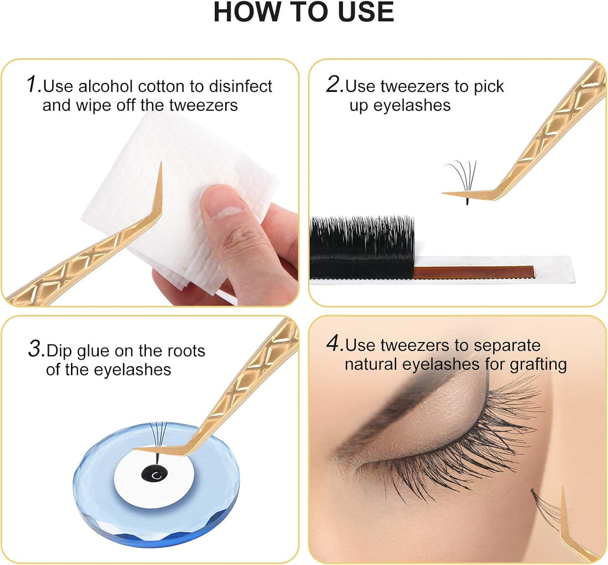 FEITA Eyelash Extension Tweezer Set Gold Lash Applicator Tool - Precision Lashes Diamond Grip