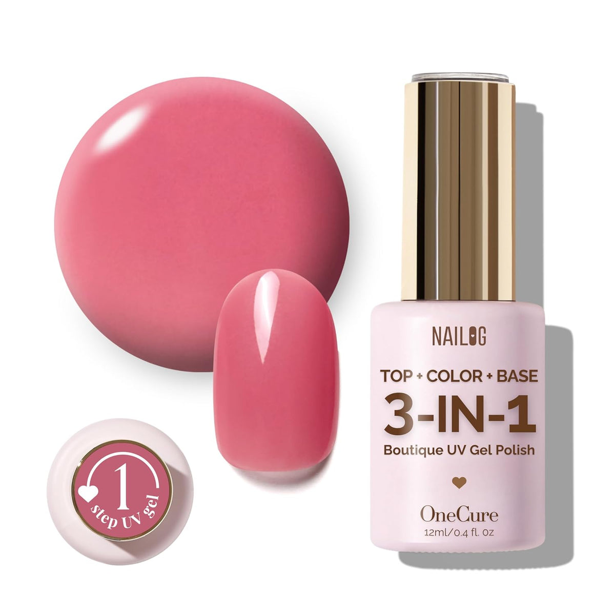 NAILOG One Step Pink Gel Nail Polish 12ml Top Coat Color Gel Base 3-In-1 Formula Soak Off UV Gel