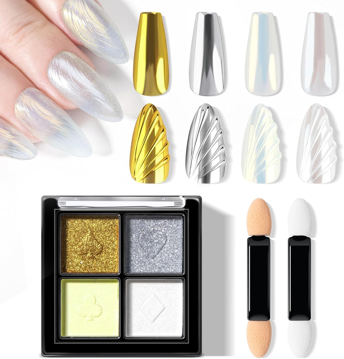 NXJ INFILILA Pearl Chrome Nail Powder Kit, Chrome Pallete for Nails 4 Colors - Gold, Silver