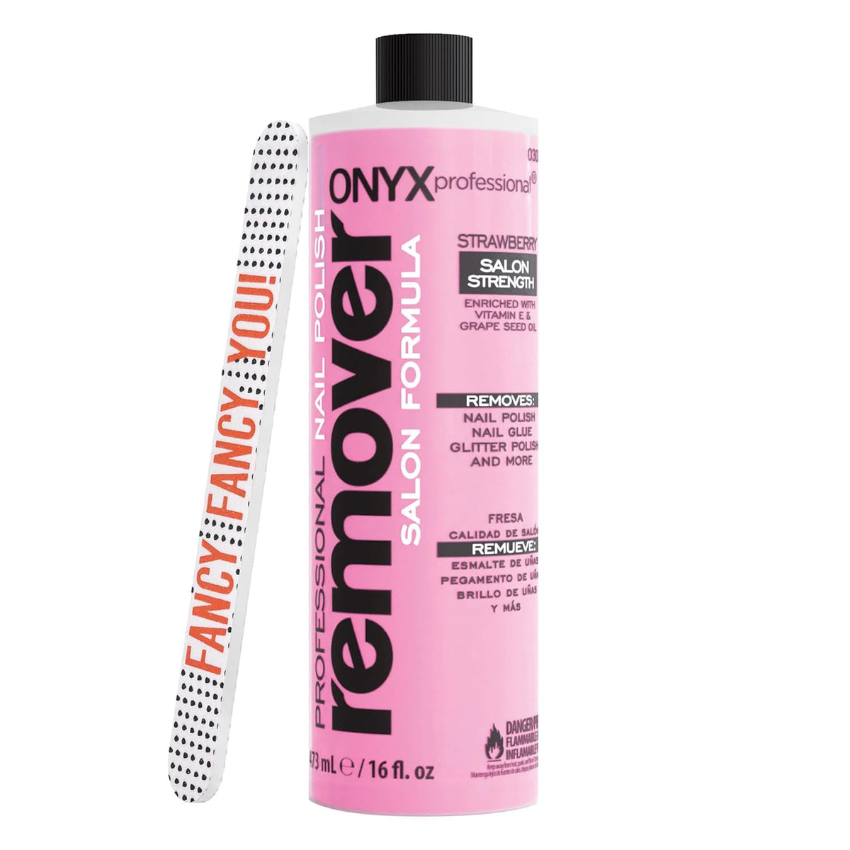 Onyx Professional Nail Polish Remover with 7 inch Nail File, Strawberry Scent, Made in USA, 16 fl