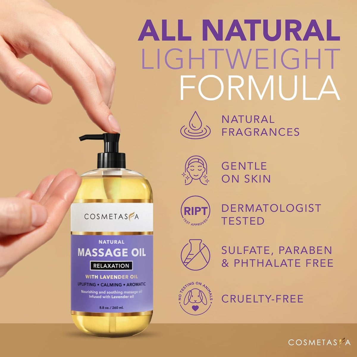 Cosmetasa Lavender Massage Oil for Massage Therapy - All Natural, Cruelty-Free & Spa Quality Skin