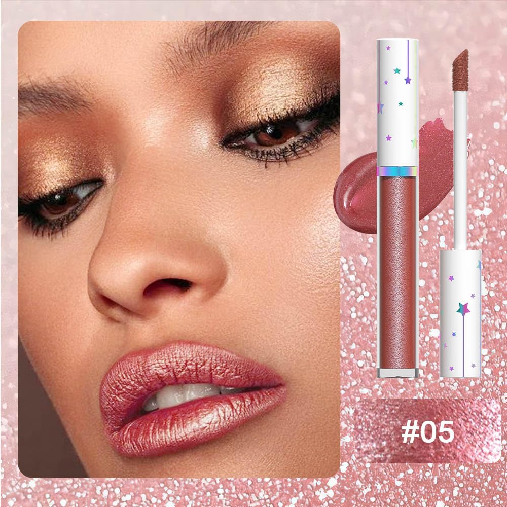 evpct 1Pcs Mauve Red Metallic Shimmer Glitter Lip Gloss Liquid Lipstick Long Lasting Waterproof 24