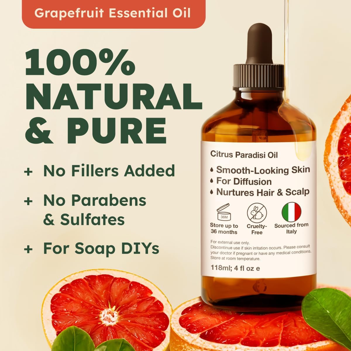 Kukka Grapefruit Essential Oil for Skin - 4 Fl Oz - Aromatherapy Grapefruit Oil for Diffuser &