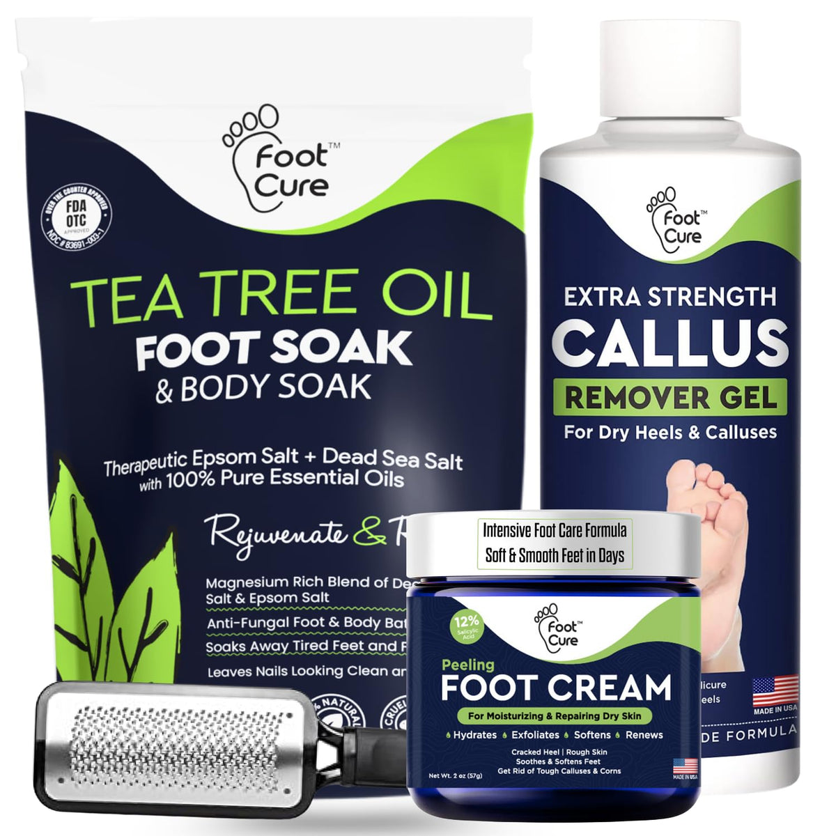FOOT CURE Exfoliator & Callus Remover Pedicure Set – Care Kit Includes File for Dead Skin, Tea Tree