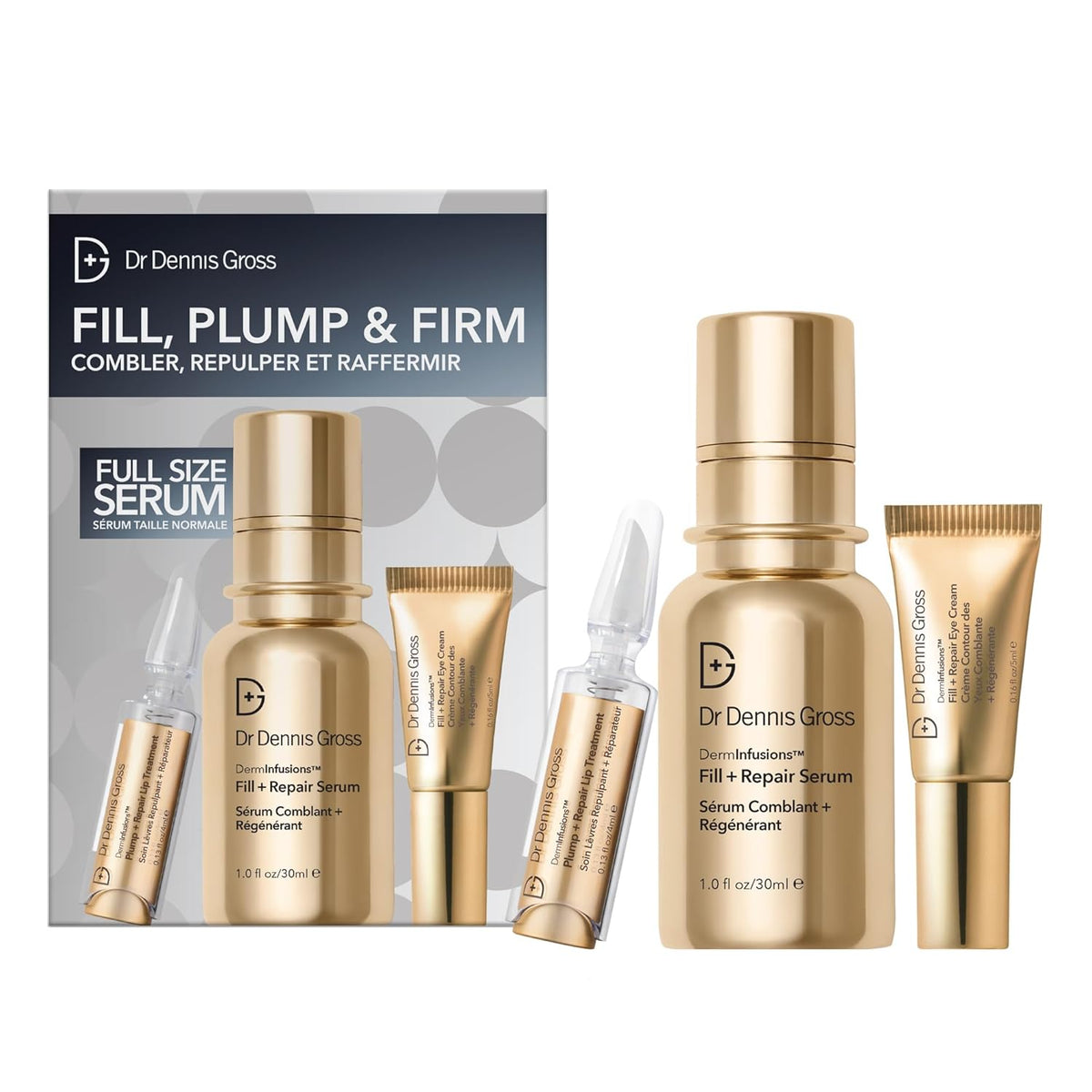 Dr. Dennis Gross Fill, Plump & Firm Kit – DermInfusions™ Hyaluronic Acid Serum, Eye Cream & Lip