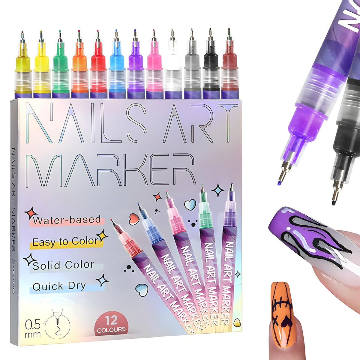 Fine Tips 3D Nail Art Pens, 12 Colors 0.5 MM Nail Marker Pens Nail Point Graffiti Dotting Drawing